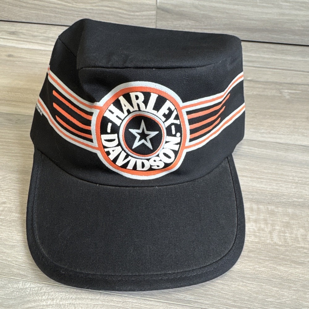 Vintage 80s Harley Davidson Black Pillbox Painter Hat‎ OS Elastic RK Stratman #2